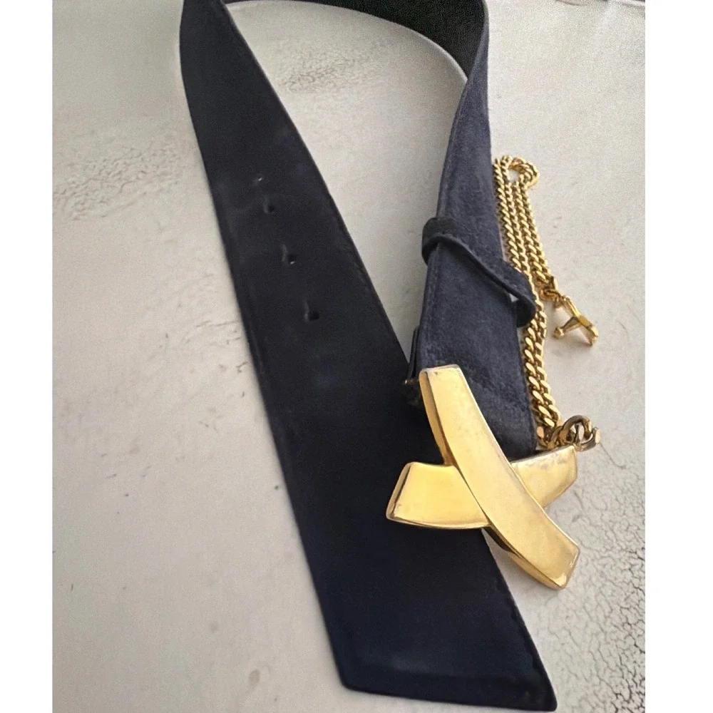 Paloma Picasso Black Suede Leather Belt Gold X Buckle Chain Vintage Italy M/75
